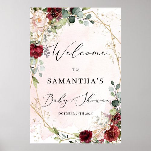 Lush burgundy floral gold baby shower welcome sign