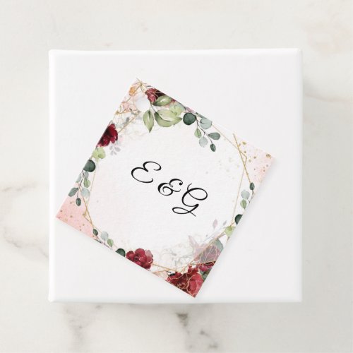 Lush burgundy floral gold frame boho wedding favor tags