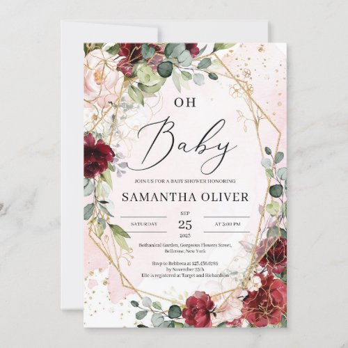 Lush burgundy floral gold geometric oh baby shower invitation