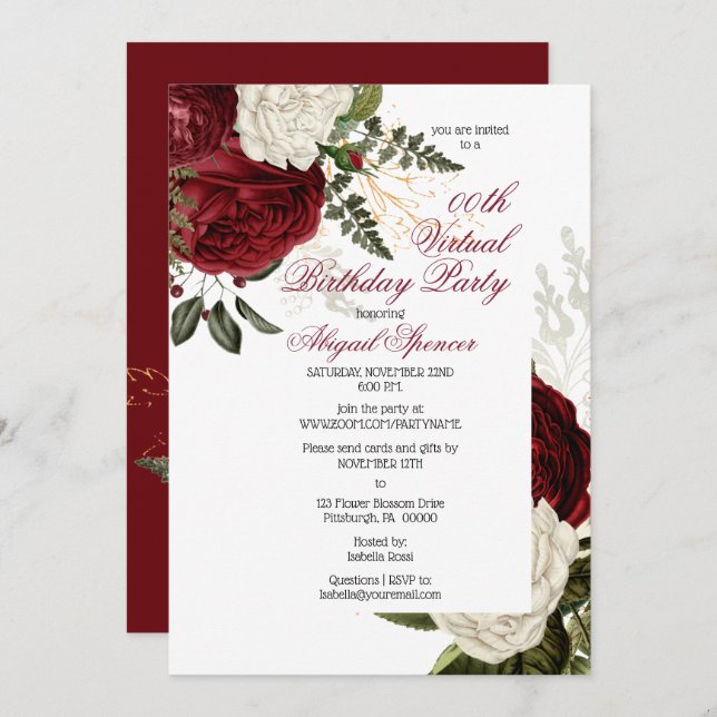 Lush Burgundy Floral Virtual Birthday Party Invitation (Front/Back)