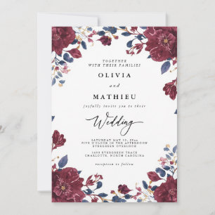 Lush Burgundy & Navy Floral Botanical Wedding Invitation