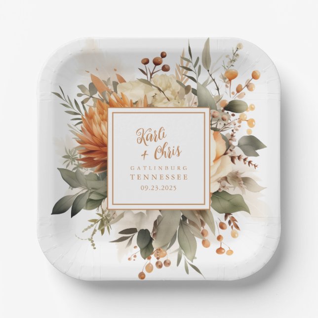 Lush Burnt Orange Fall Floral & Greenery Paper Plates (Front)