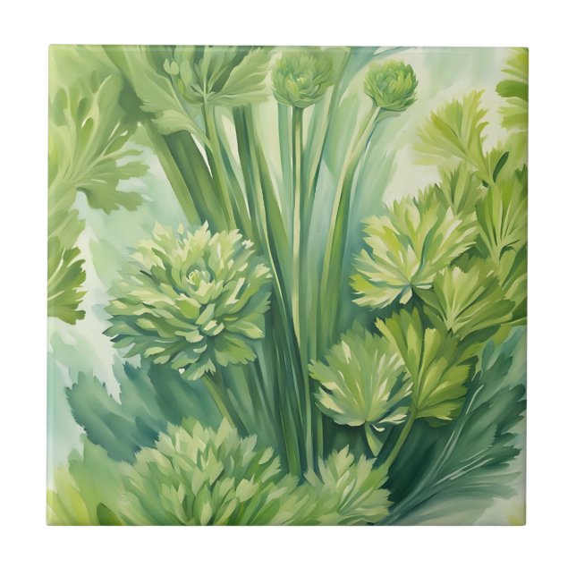 Lush Celery Green Botanical Pattern Ceramic Tile (Front)