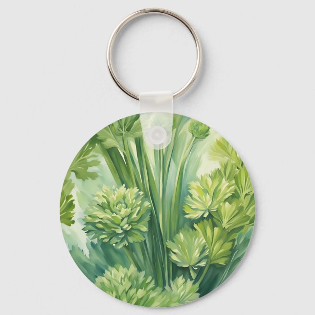 Lush Celery Green Botanical Pattern Keychain (Front)