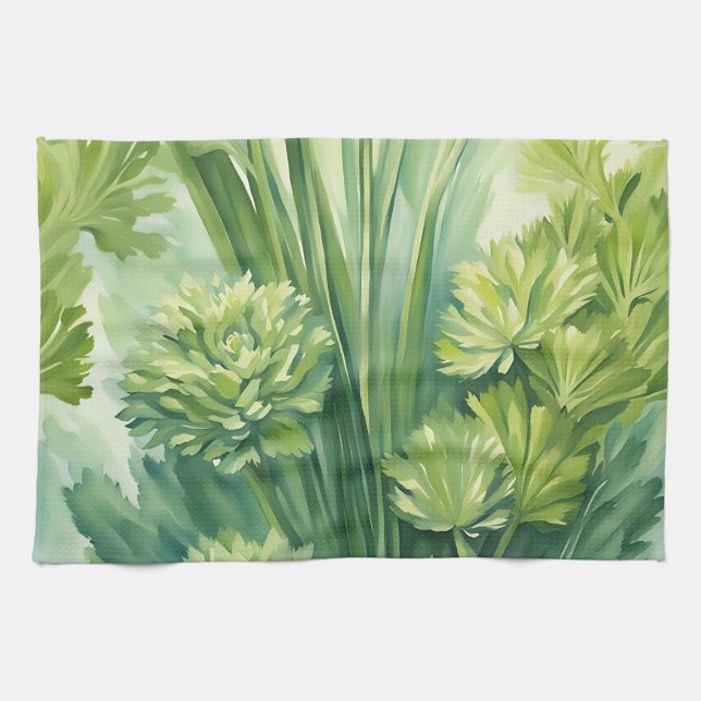 Lush Celery Green Botanical Pattern Kitchen Towel (Horizontal)