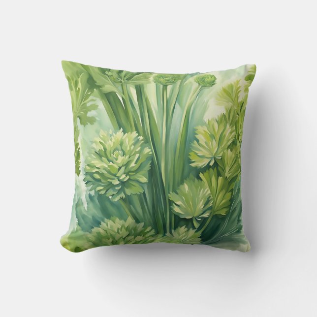 Lush Celery Green Botanical Pattern Throw Pillow (Front)