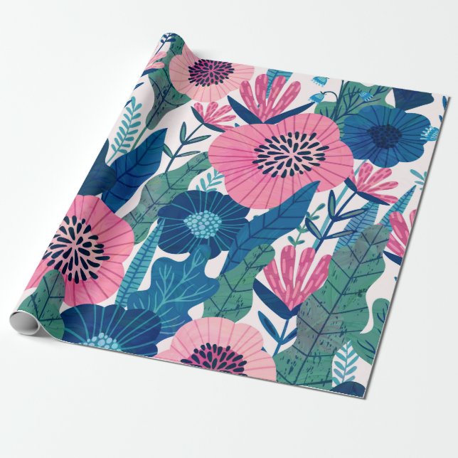 Lush colorful tropical flowers pattern wrapping paper (Unrolled)