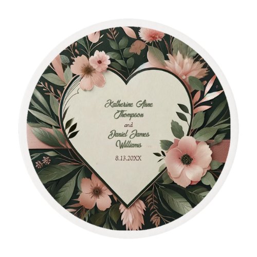 Lush Dark Green and Blush Pink Floral Wedding Edible Frosting Rounds