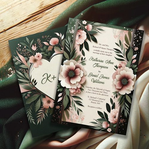 Lush Dark Green and Blush Pink Floral Wedding Invitation