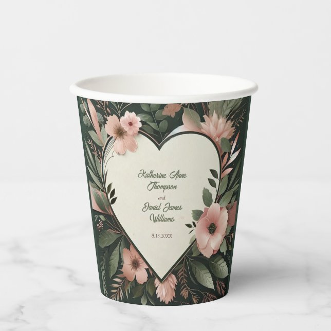 Lush Dark Green and Blush Pink Floral Wedding Paper Cups (Front)