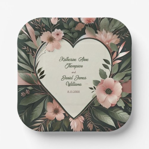 Lush Dark Green and Blush Pink Floral Wedding Paper Plates