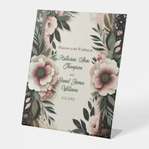 Lush Dark Green and Blush Pink Floral Wedding Pedestal Sign