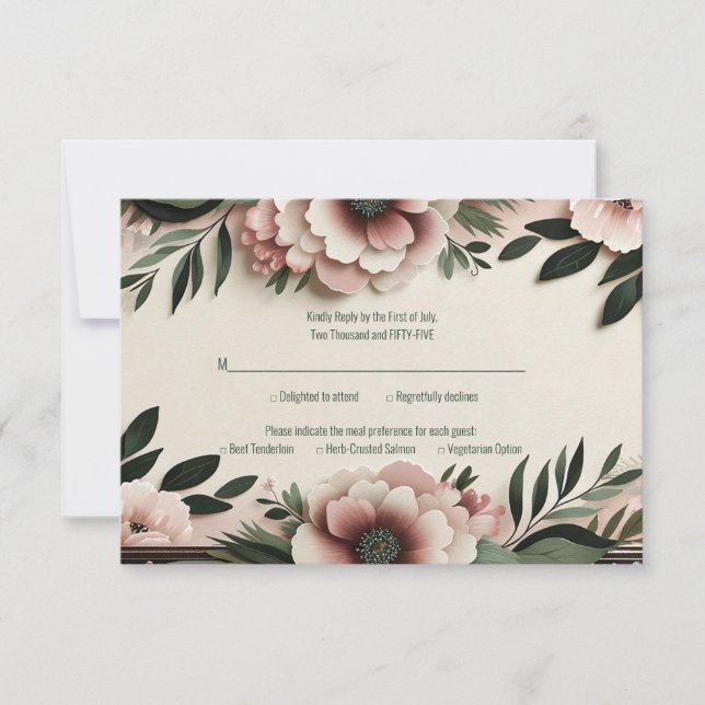 Lush Dark Green and Blush Pink Floral Wedding RSVP Card (Front)