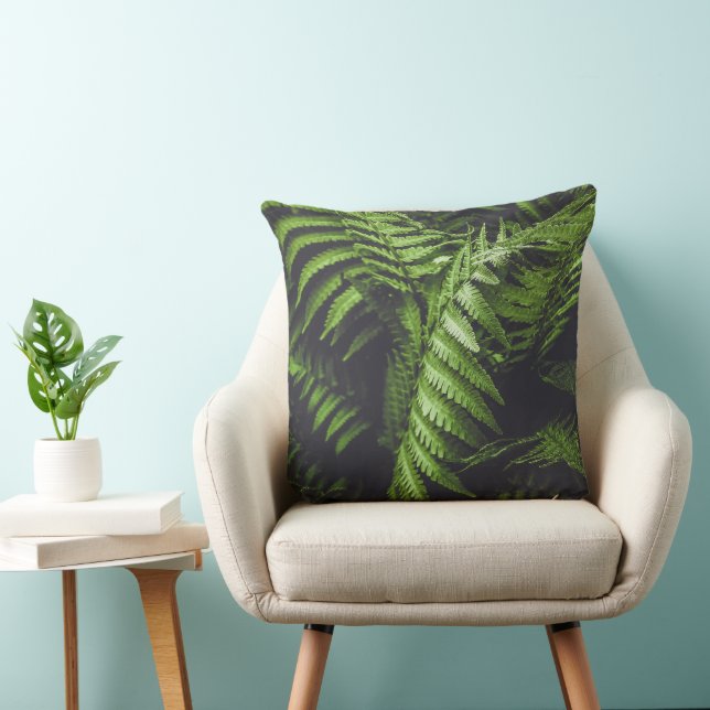 Lush Dark Green Fern Leaves Moody Woodland Throw Pillow (Chair)