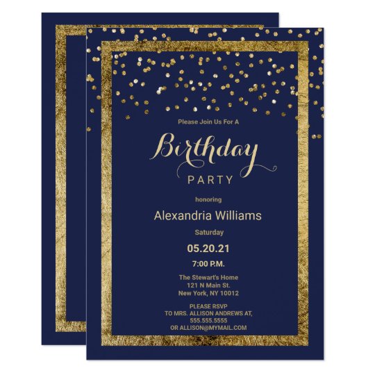 Lush elegant navy blue gold confetti Birthday Invitation | Zazzle.com