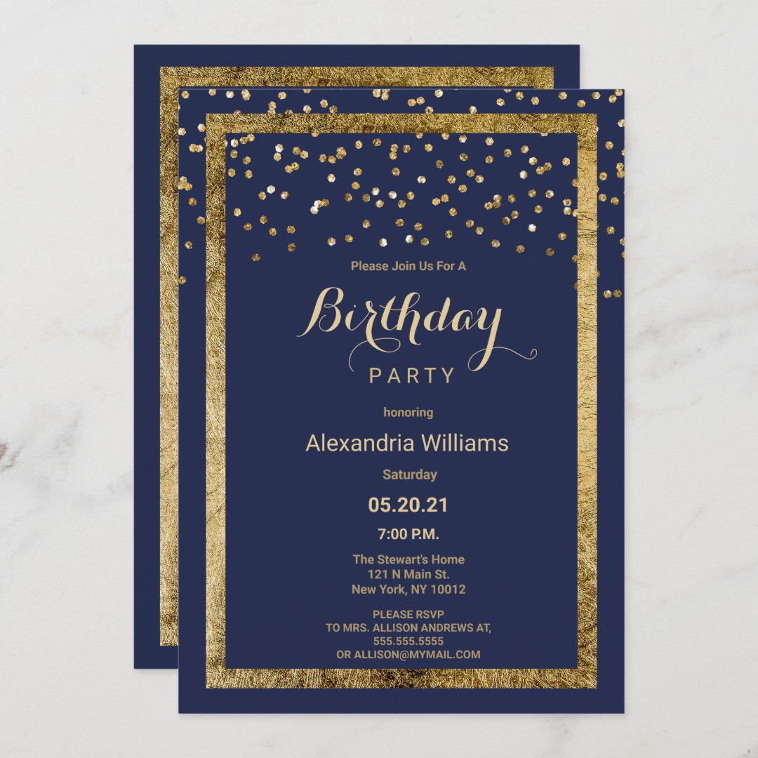 Lush elegant navy blue gold confetti Birthday Invitation | Zazzle