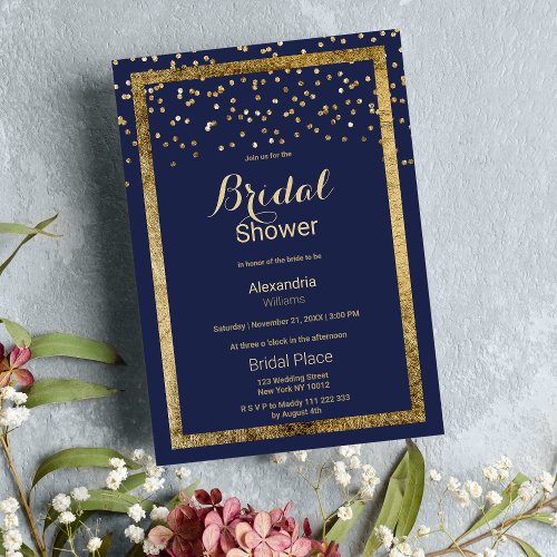 Lush elegant navy blue gold confetti Bridal Shower Invitation