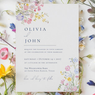 Lush Elegant Wildflowers Dusty Blue Wedding Invitation