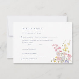 Lush Elegant Wildflowers Dusty Blue Wedding RSVP Card