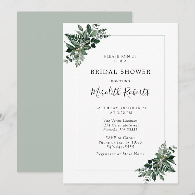 Lush Emerald Green Foliage Bridal Shower Invitation (Front/Back)