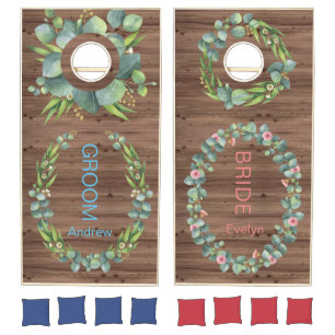 Lush Eucalyptus Flowers Foliage Wreath Monogram Cornhole Set