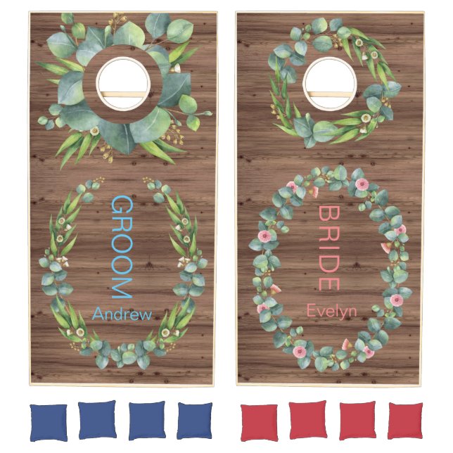 Lush Eucalyptus Flowers Foliage Wreath Monogram Cornhole Set (Set)