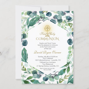Lush Eucalyptus Foliage Gold Holy Communion Invitation