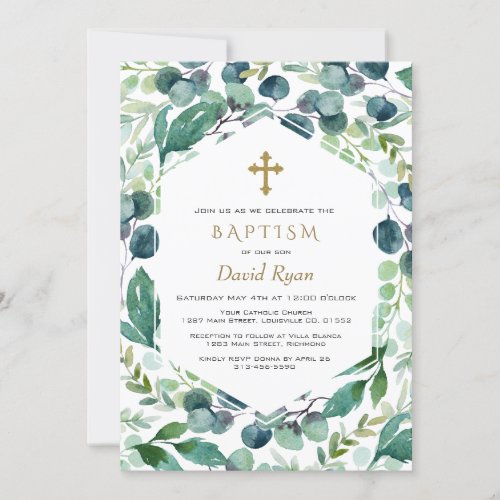 Lush Eucalyptus Frame Gold Cross Boy Baptism Invitation