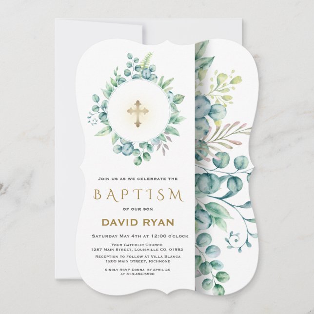 Lush Eucalyptus Greenery Gold Cross Boy Baptism Invitation (Front)