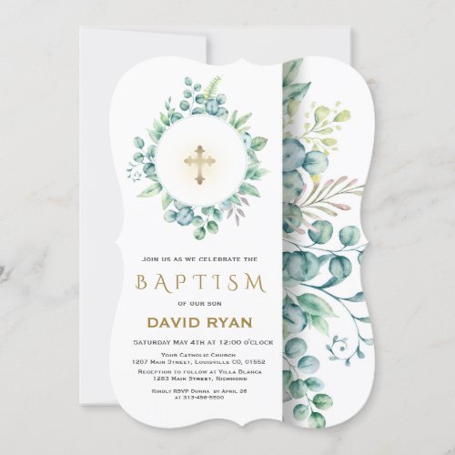 Lush Eucalyptus Greenery Gold Cross Boy Baptism Invitation