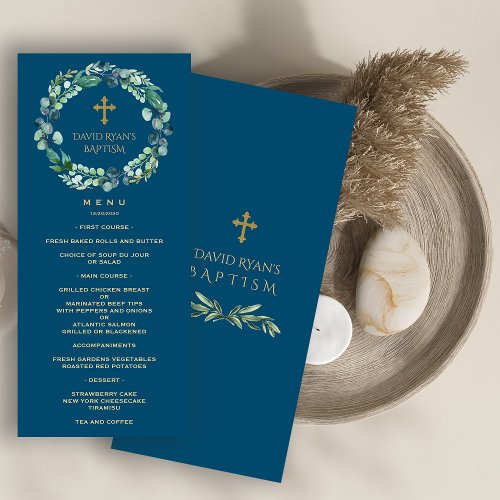 Lush Eucalyptus Greenery Wreath Gold Boy Baptism Menu