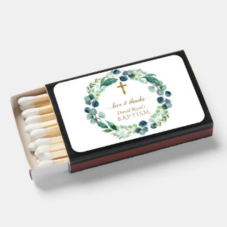 Lush Eucalyptus Greenery Wreath Gold Cross Baptism Matchboxes