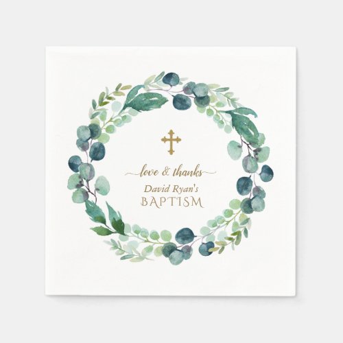 Lush Eucalyptus Greenery Wreath Gold Cross Baptism Napkins