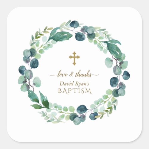 Lush Eucalyptus Greenery Wreath Gold Cross Baptism Square Sticker