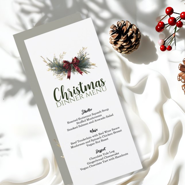 Lush Evergreen Red Ribbons Minimalist Christmas Menu (Creator Uploaded)