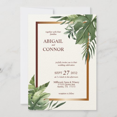 Lush Exotic Tropical Palm Leaves Bronze Frame  Invitation