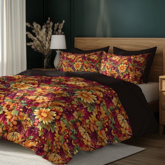 Lush fall autumn flowers and leaves pumpkins duvet cover (Lush fall autumn flowers and leaves pumpkins duvet cover)