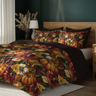 Lush fall autumn flowers and leaves pumpkins duvet cover