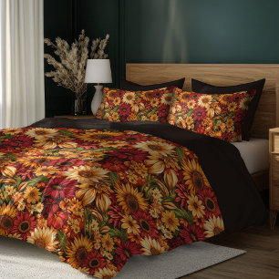 Lush fall autumn flowers sunflowers pumpkins duvet cover