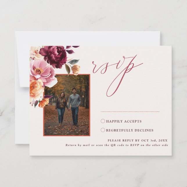 Lush Fall Floral Wedding QR Code RSVP Card (Front)