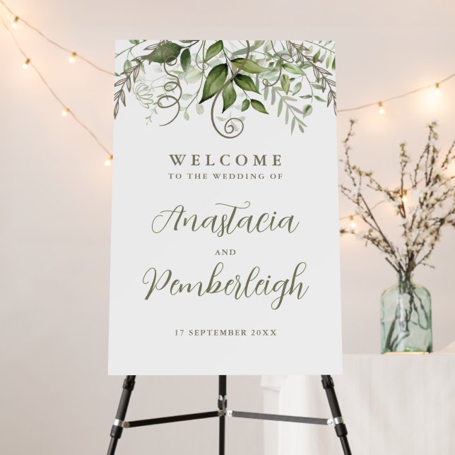 Lush Fall Tropical Greenery Wedding Welcome Sign (In Situ (Stand))