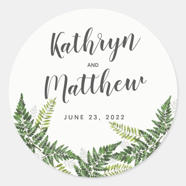 Lush Fern Tropical Botanical Wedding Classic Round Sticker (Front)