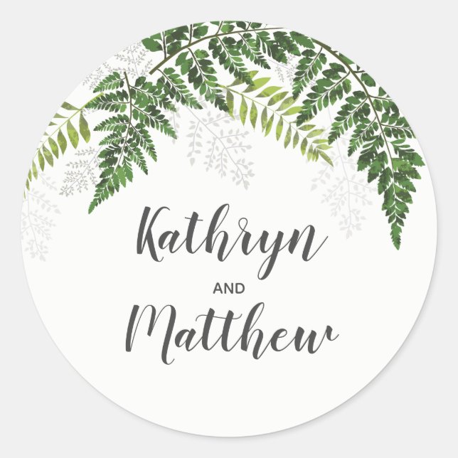 Lush Fern Tropical Botanical Wedding Favor Classic Round Sticker (Front)
