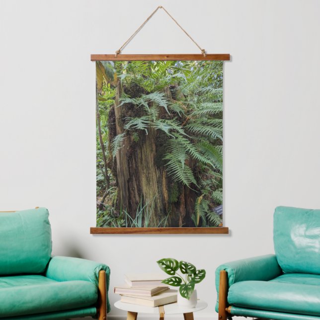 Lush Ferns Growing on Tree Stump Hanging Tapestry (Living Room)
