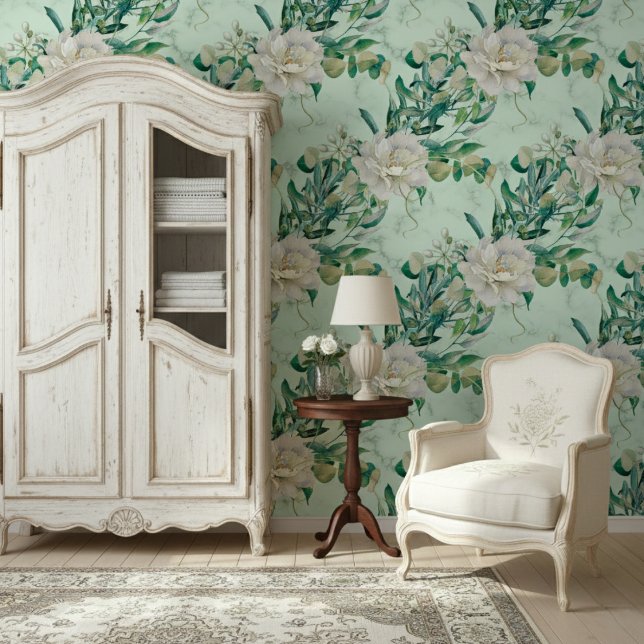 Lush Florals And Elegant Green Marble Pattern Wallpaper (Creator Uploaded)