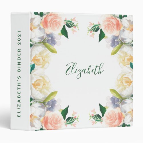 Lush florals white coral peach summer name 3 ring binder