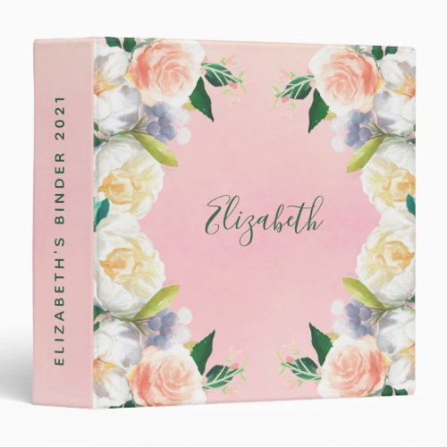 Lush florals white coral peach summer name 3 ring binder