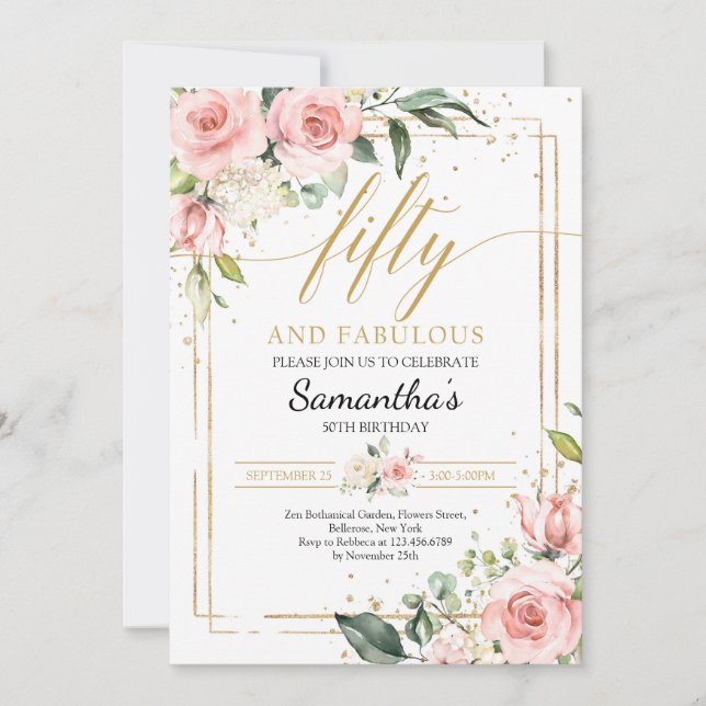 Lush flowers blush pink gold fifty and fabulous invitation (Front)