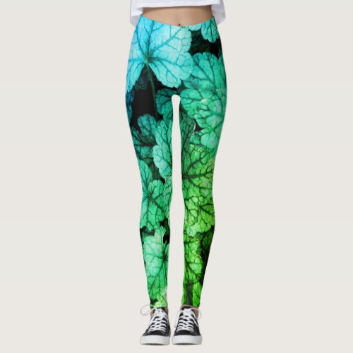 Lush Foliage _ Green and Blue Leaf Print Leggings