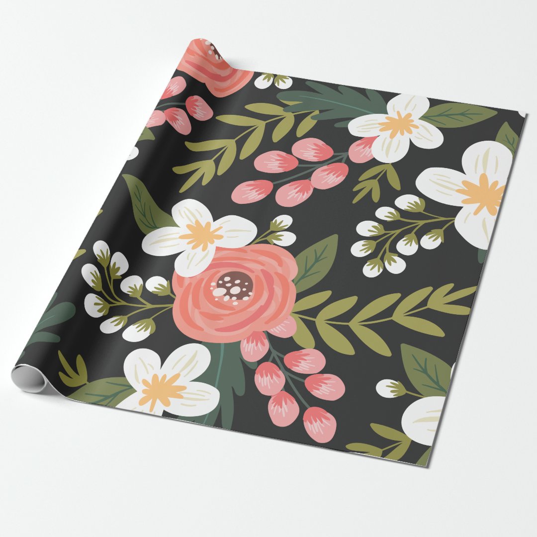 Lush Folksy Florals in Black and Pink Wrapping Paper | Zazzle